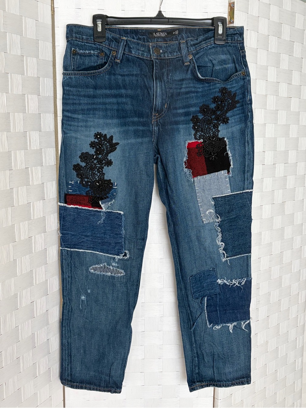 Lauren Ralph Lauren Dark Wash Patchwork Cropped Jeans with Black Lace Accents